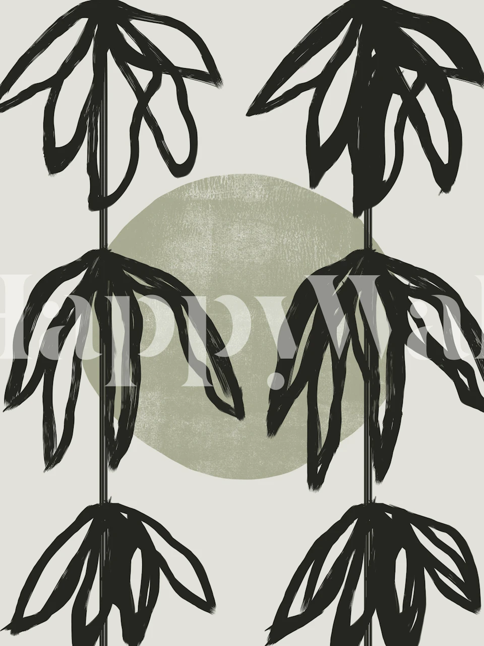 Black leafy plants against a pale green circle background wallpaper