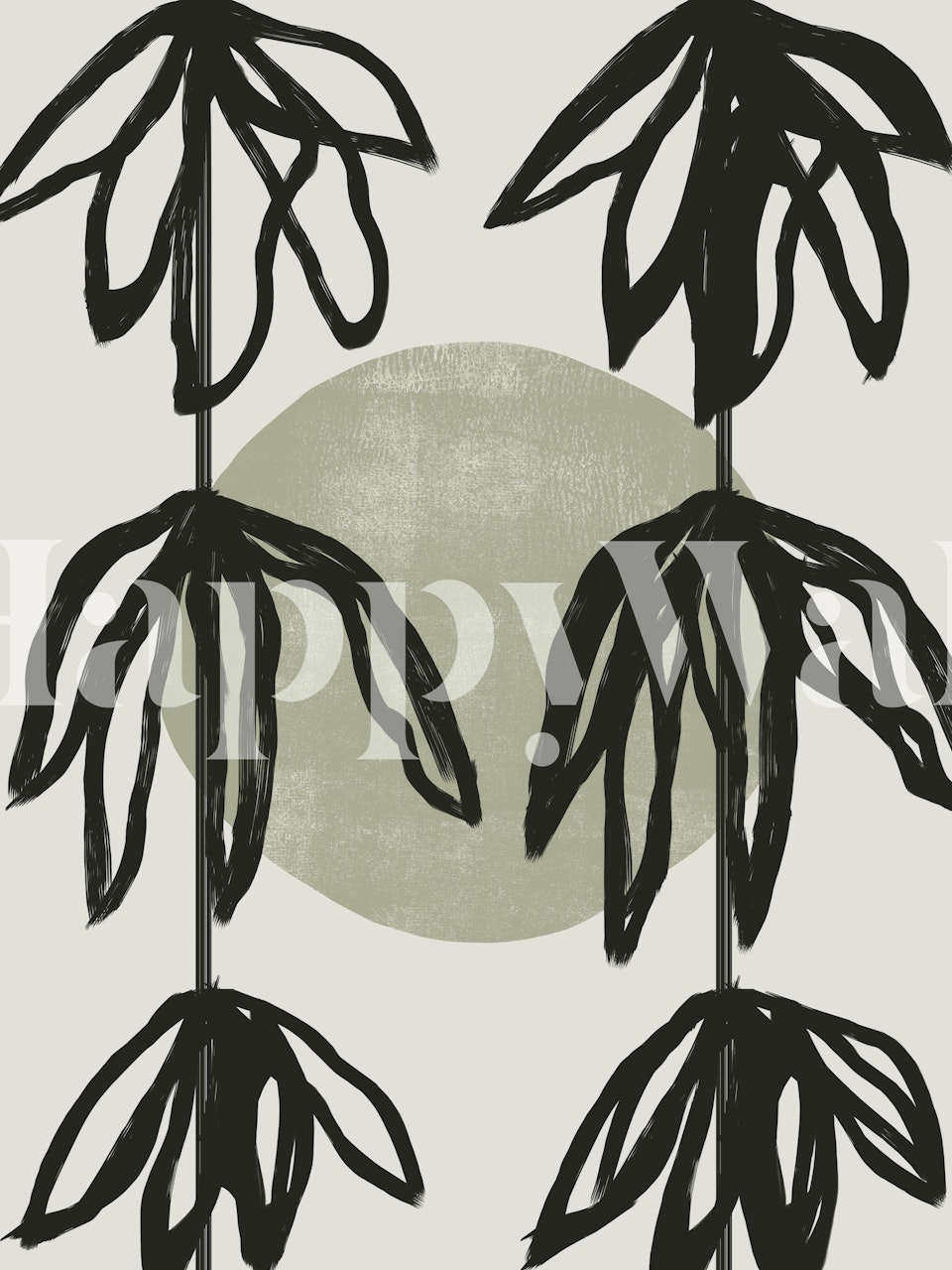 Black leafy plants against a pale green circle background wallpaper