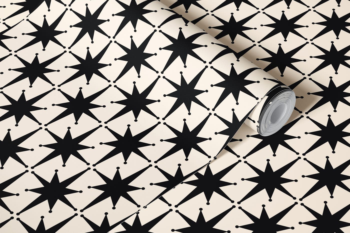 Mid Century Atomic Stars Black and Cream wallpaper roll
