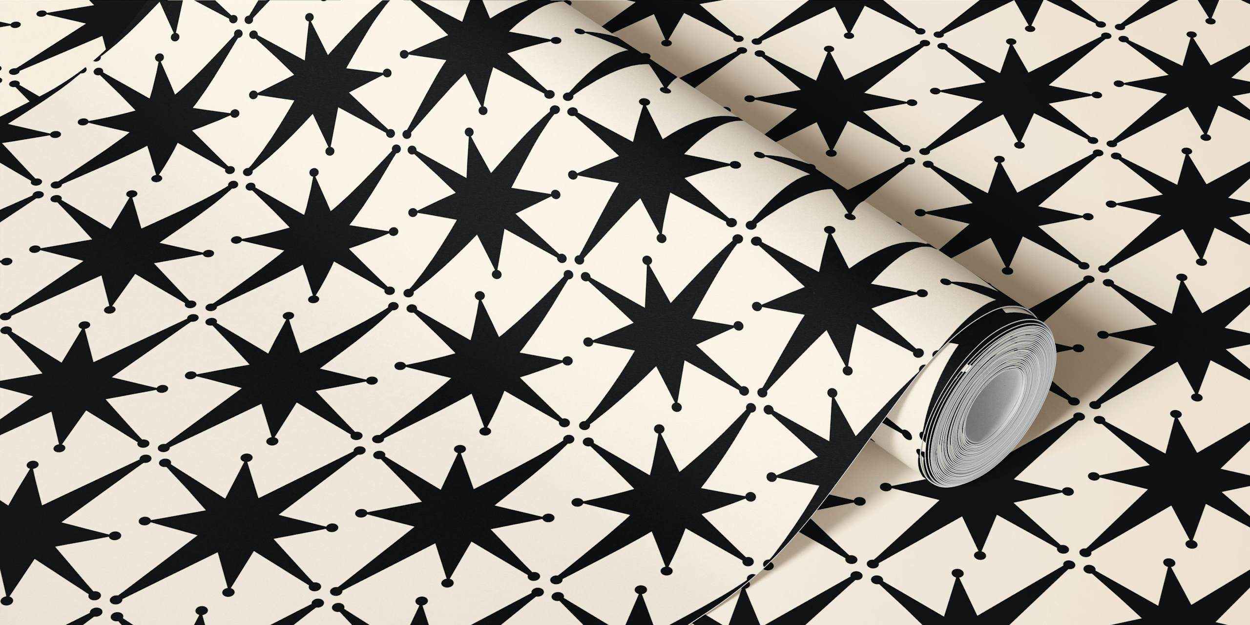 Mid Century Atomic Stars Black and Cream wallpaper in a room