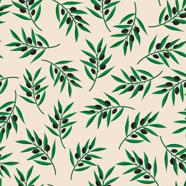 Scattered Black Olive Branches on Cream White
