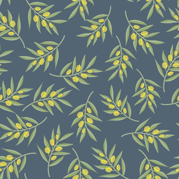 Scattered Green Olive Branches on Slate Blue
