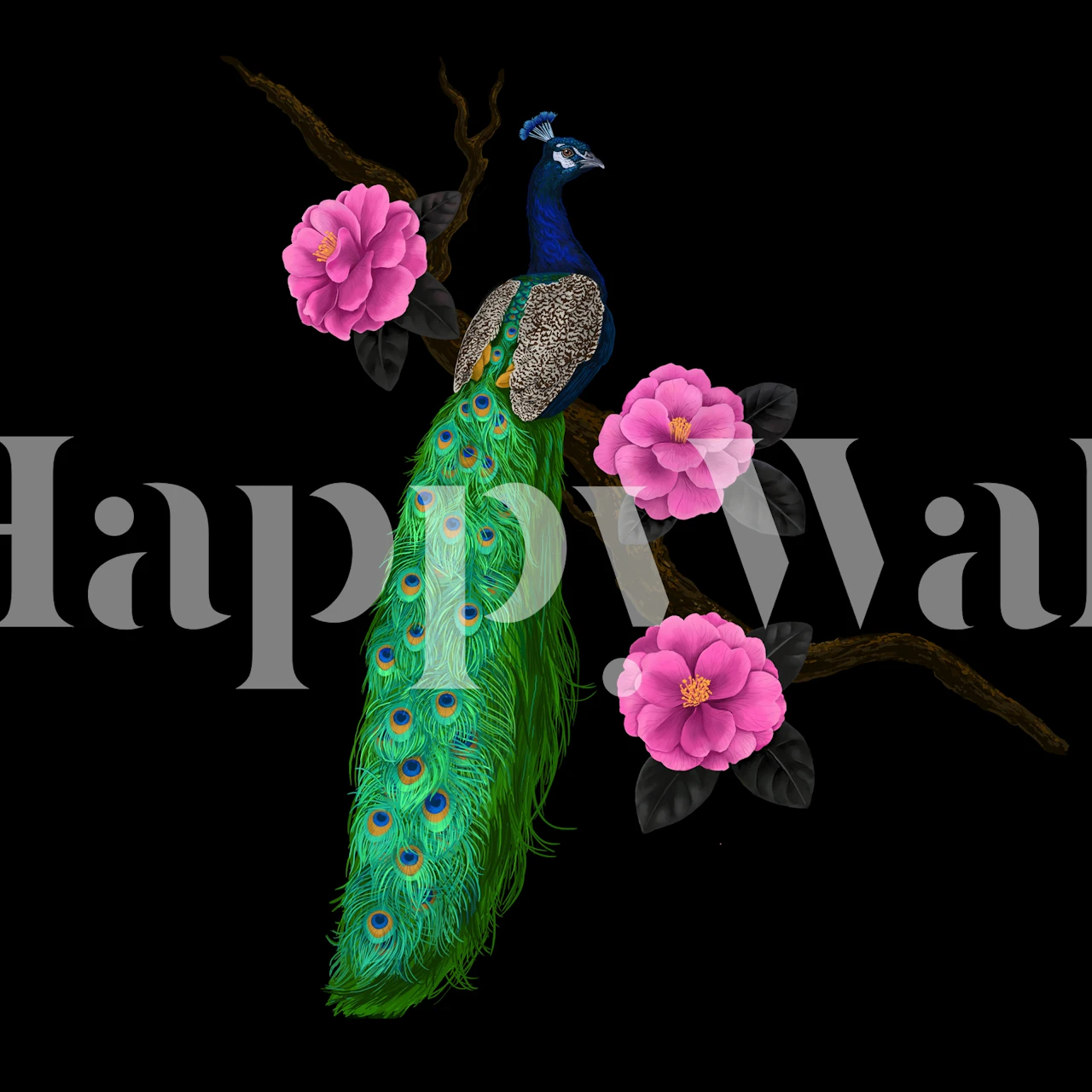 Peacock with camellia flowers in a room