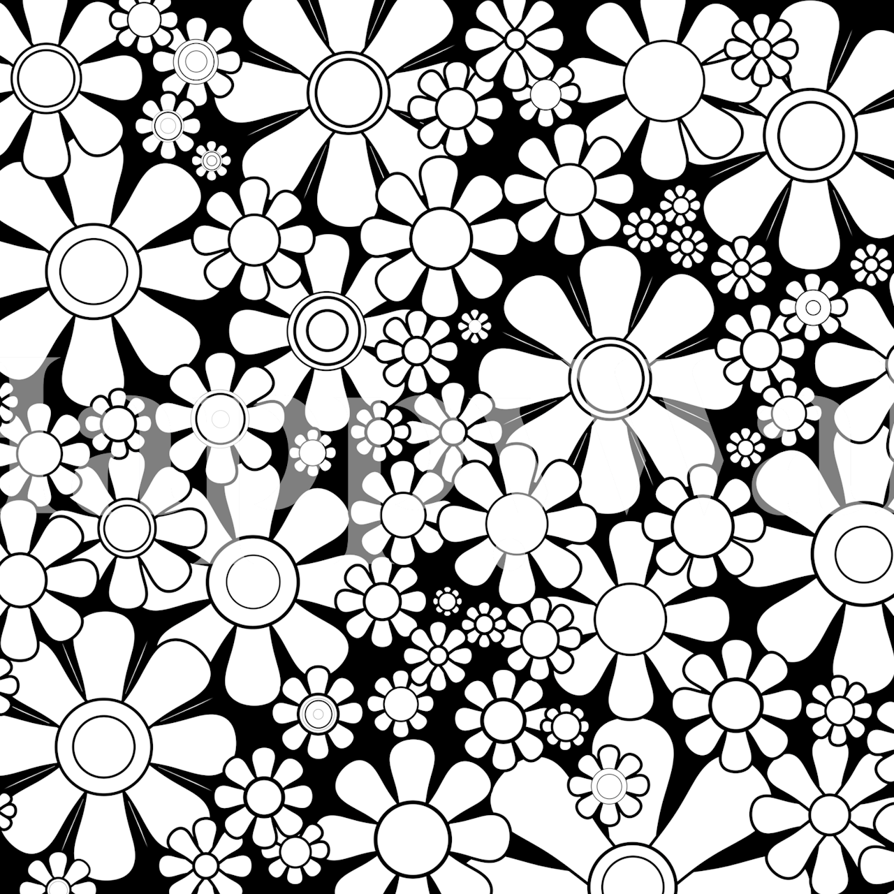 Black and white floral pattern wallpaper featuring large daisies and small flowers
