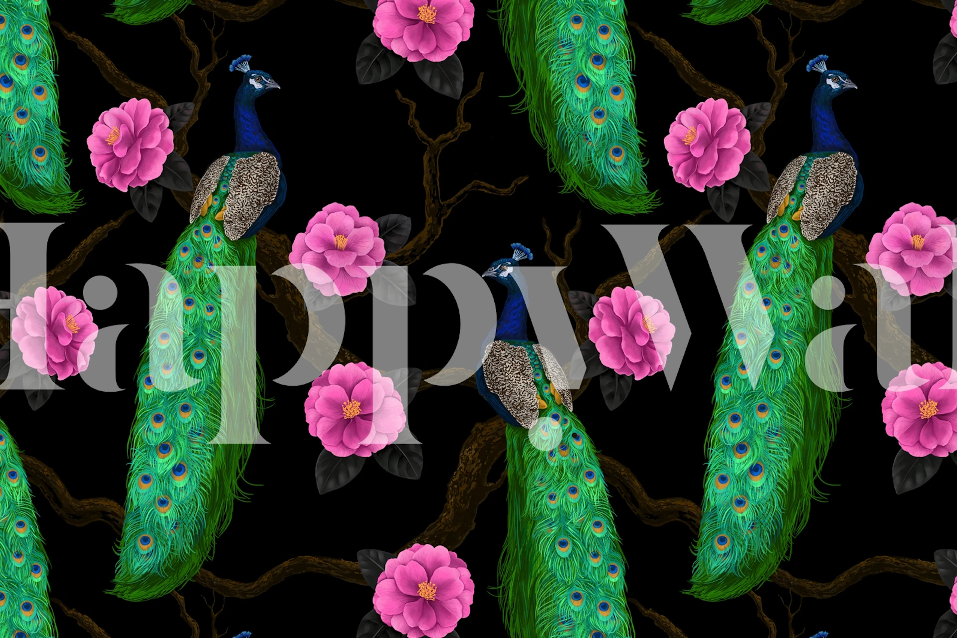 Night peacock garden wallpaper in a room