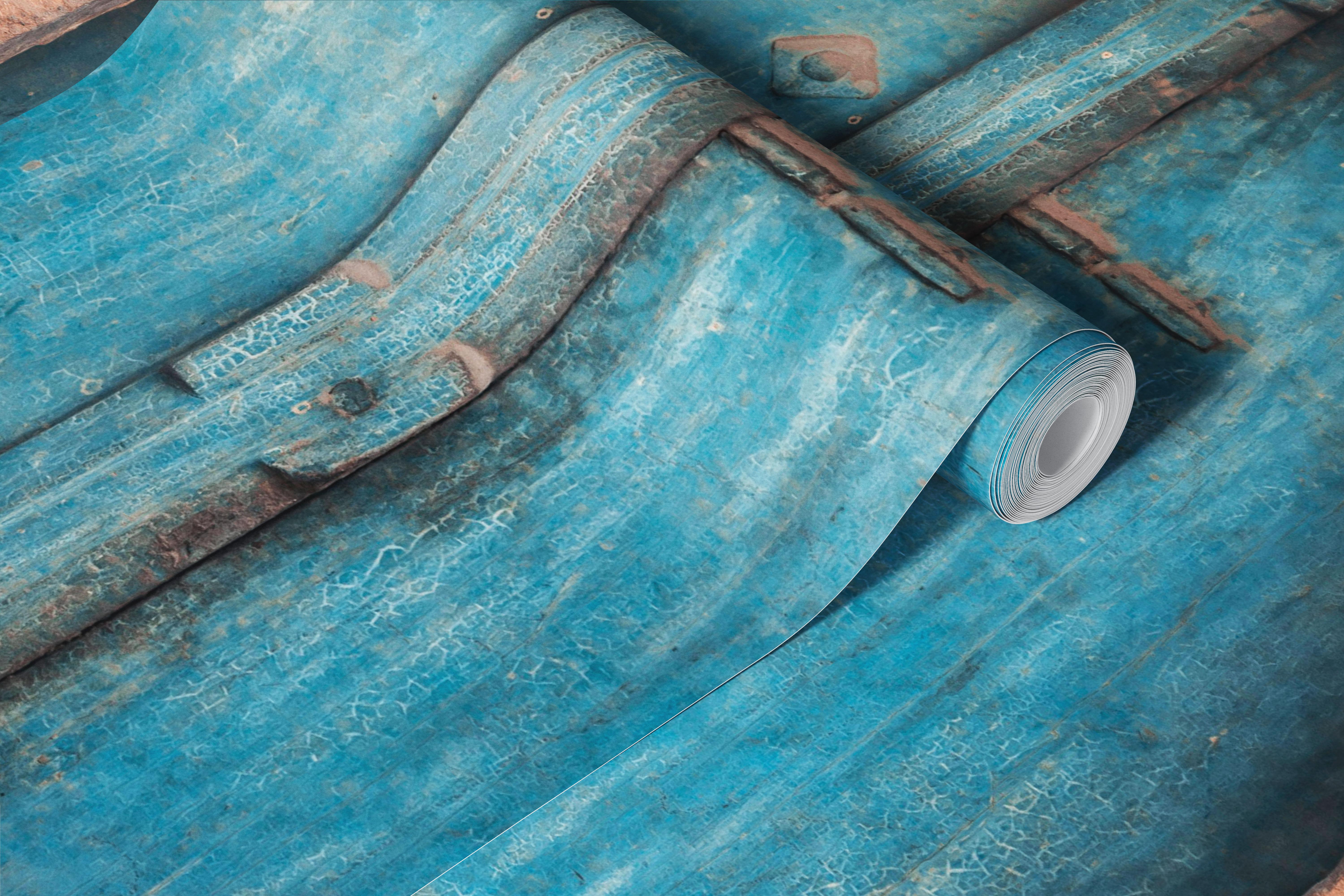 Rustic blue wooden door with ornate carved frame wall mural