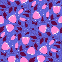 Pink tulips and buds on purple tapete