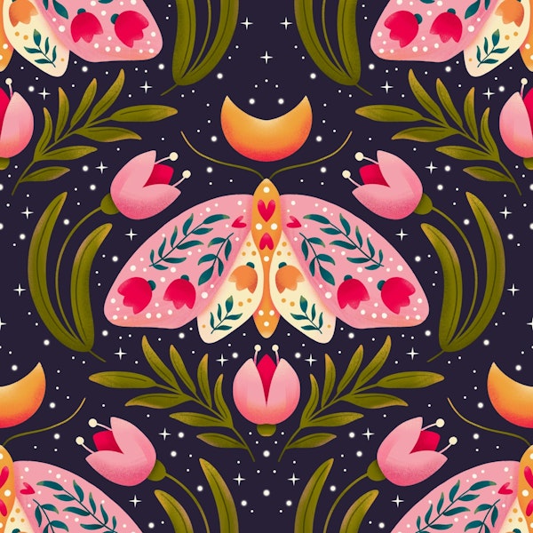 Midnight Floral Moths, seamless pattern