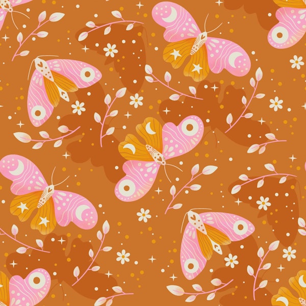 Pink Starry Moths, seamless pattern