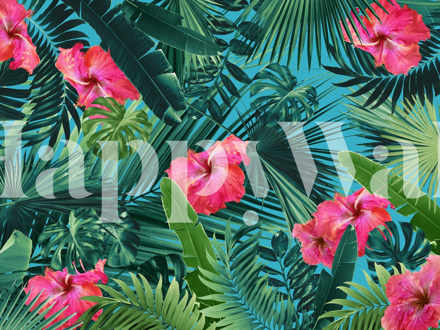 Tropical hibiscus flowers and palm leaves green wallpaper