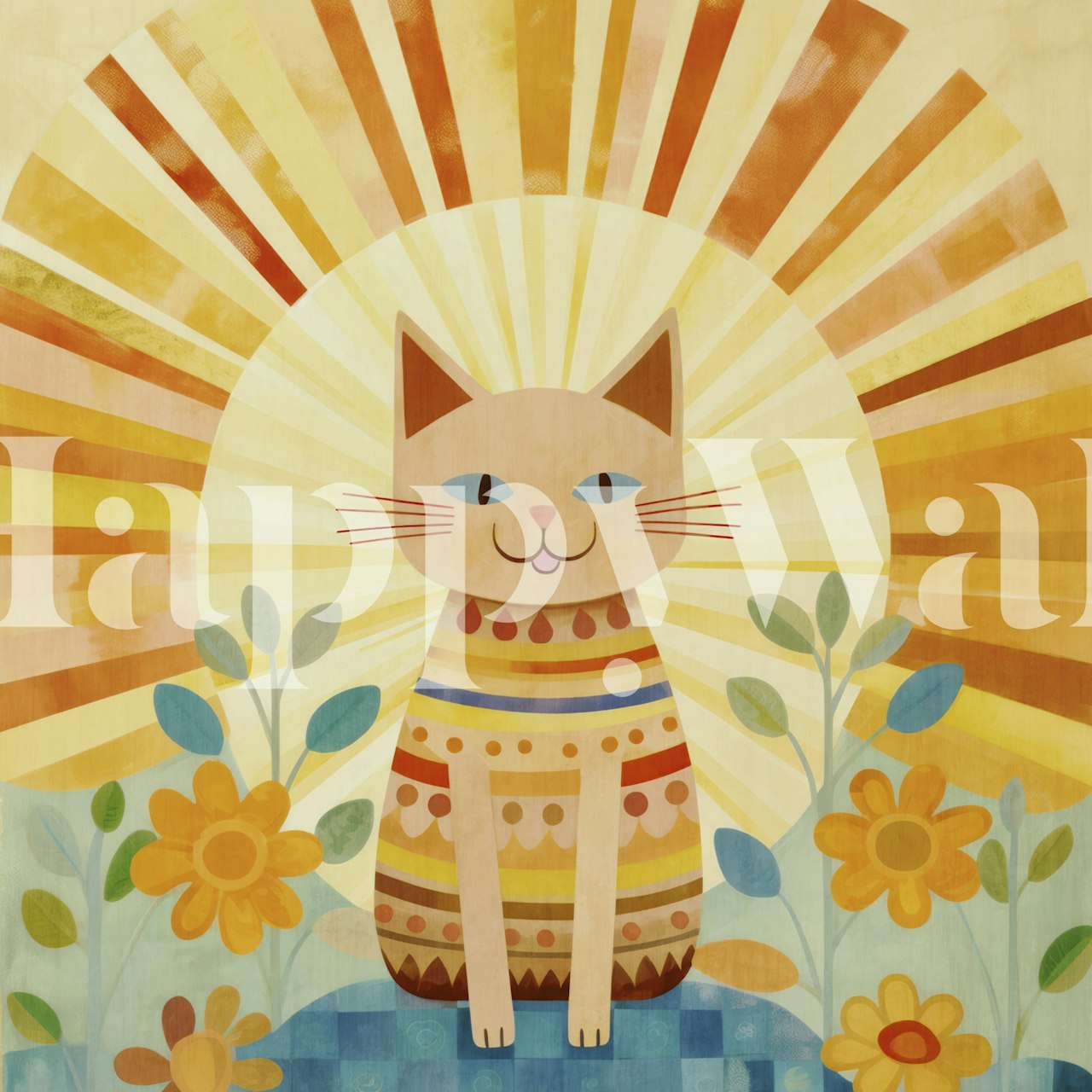 Papier peint Boho Cat avec soleil et fleurs