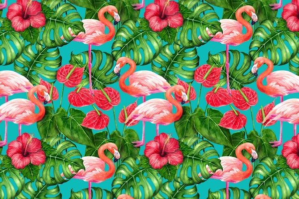Flamingo and tropical garden