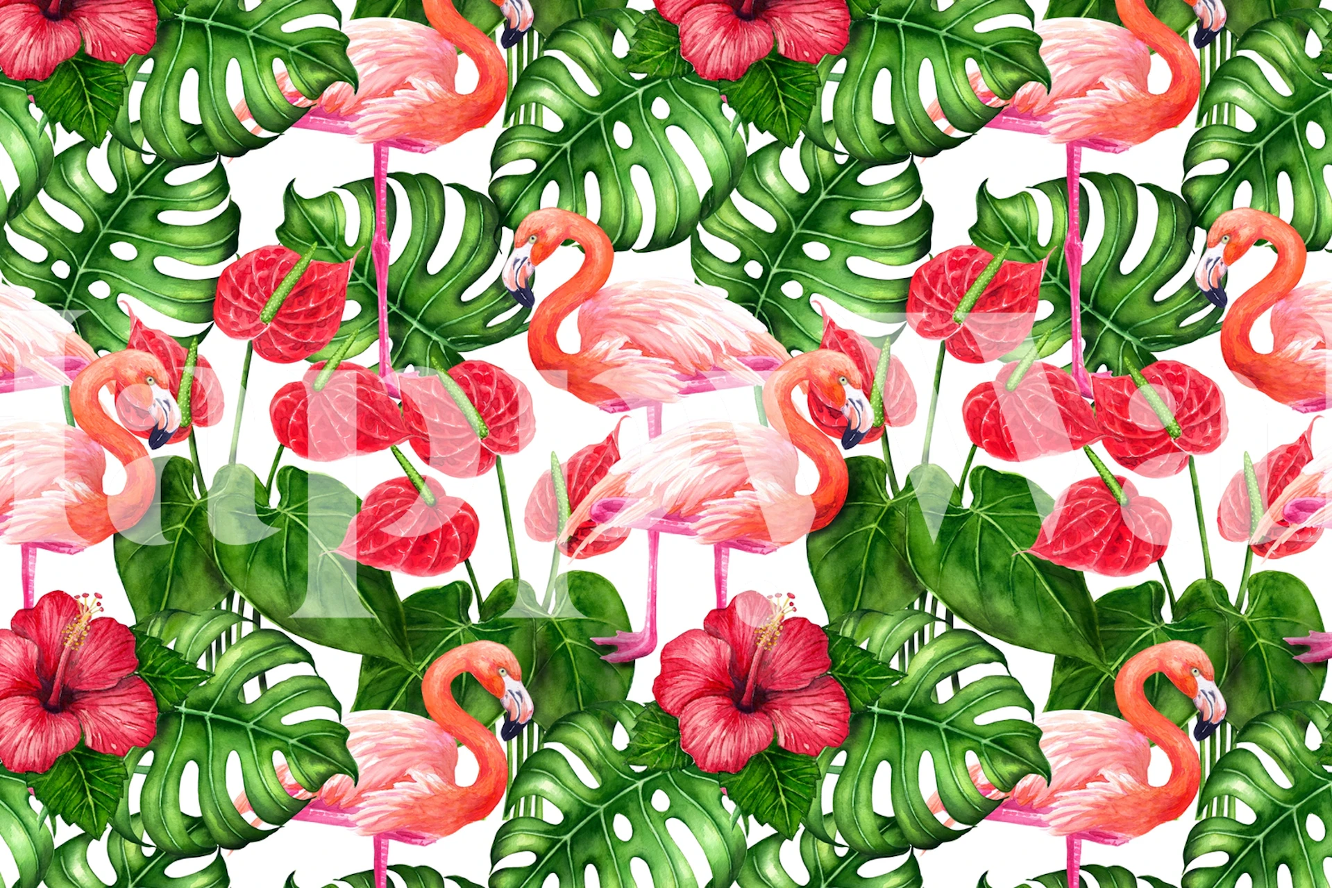 Tropical flamingo pattern with pink birds and green leaves wallpaper
