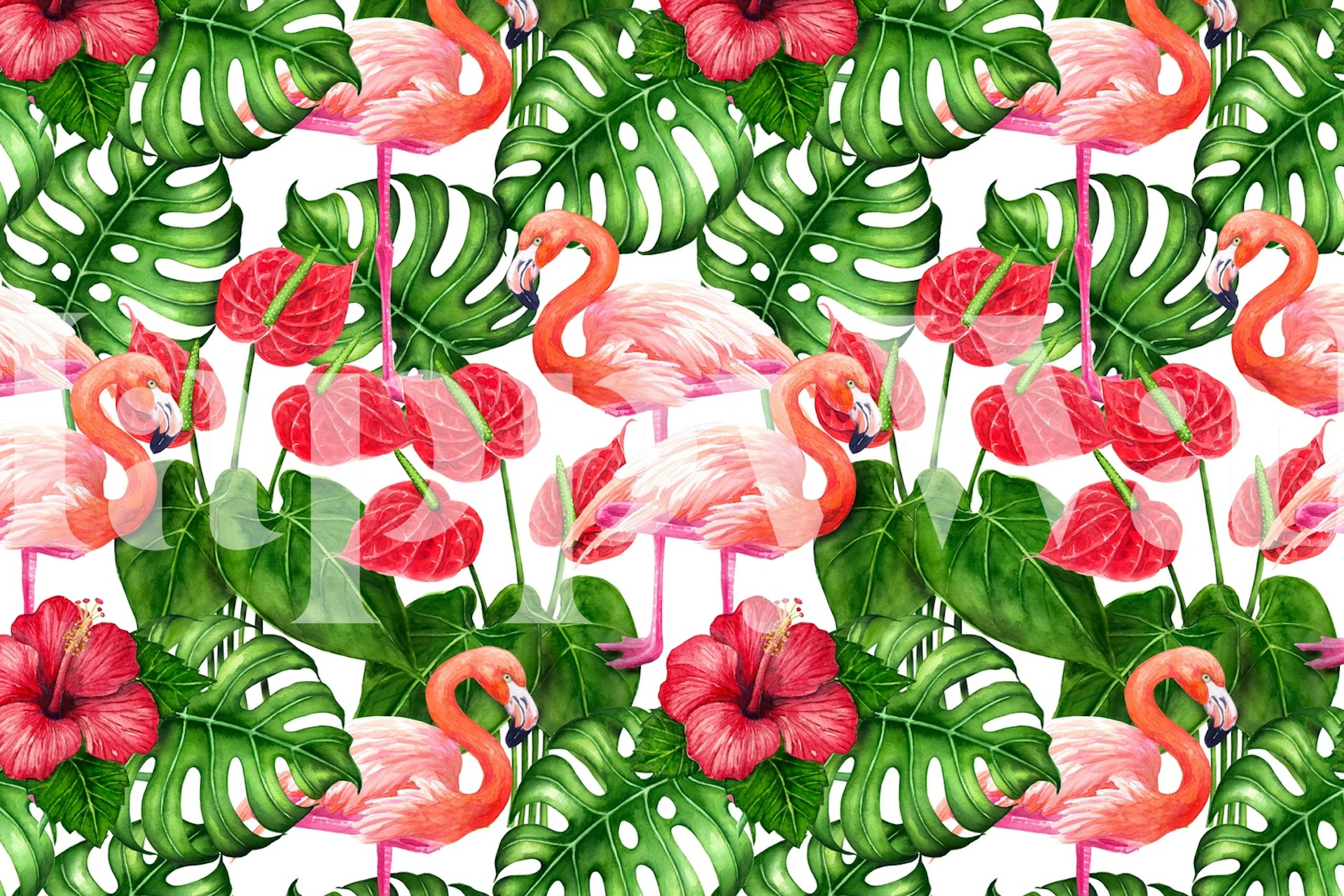Tropical flamingo pattern with pink birds and green leaves wallpaper