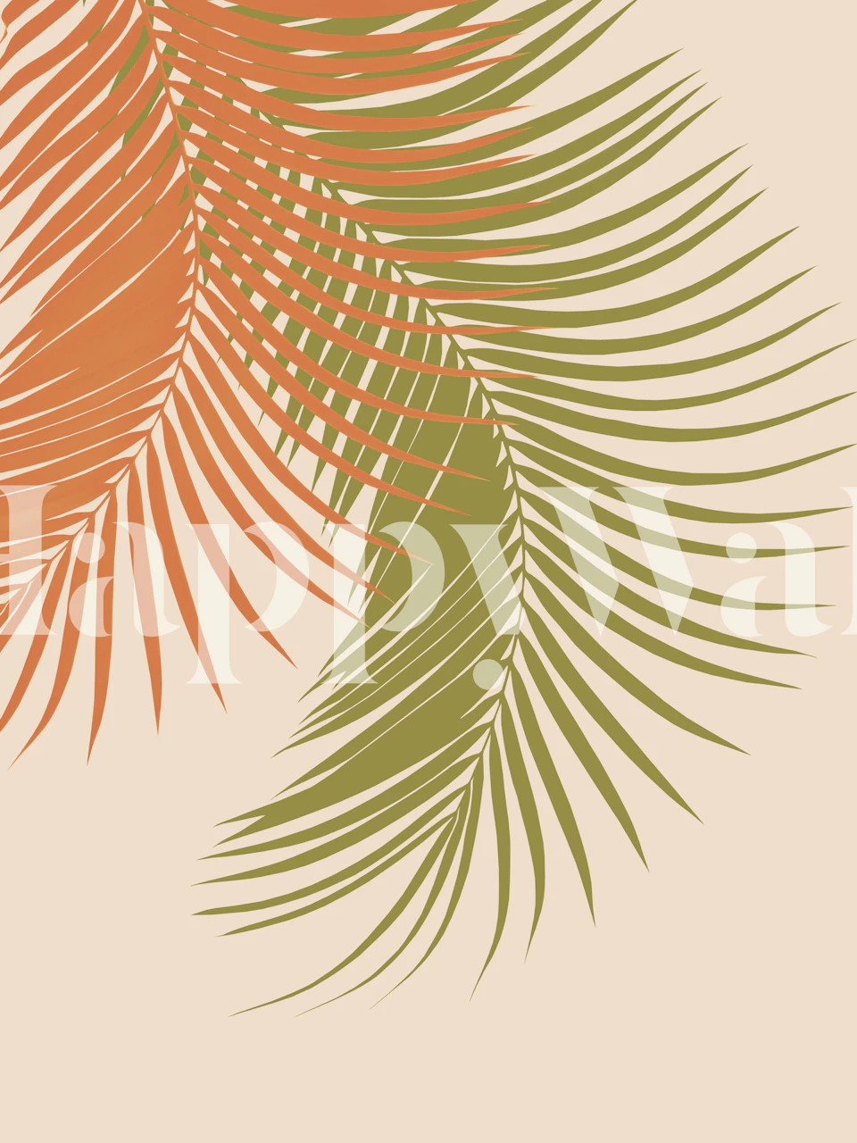 Palm leaves in orange and green on beige background wallpaper