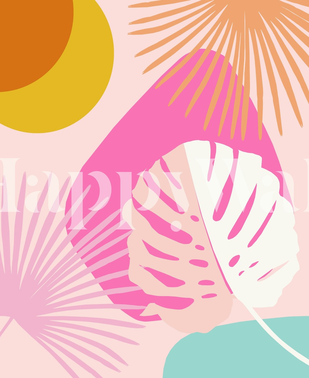 Pink tropical monstera leaves and geometric shapes wallpaper