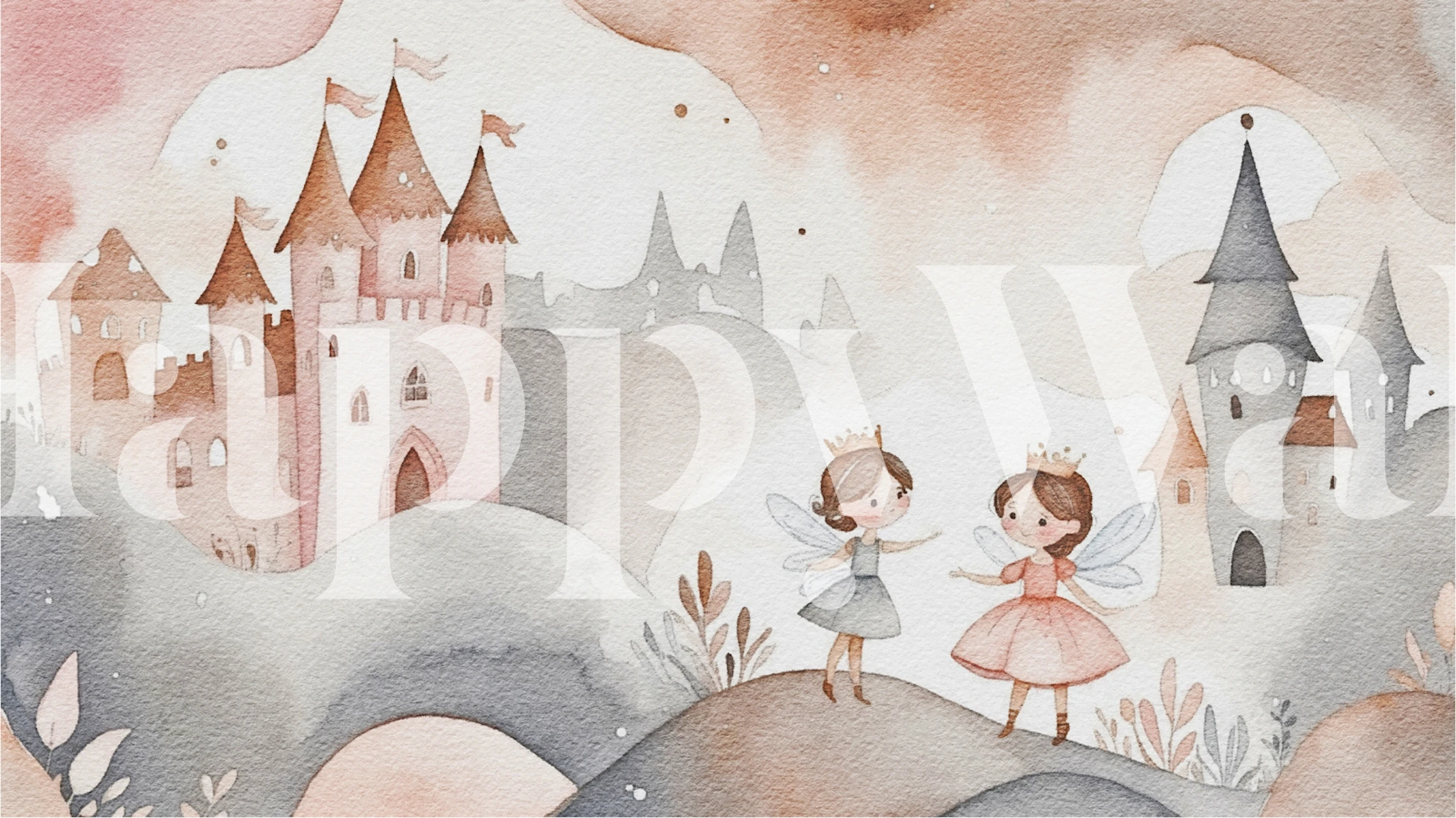 Watercolor fairytale castles and princess characters wallpaper