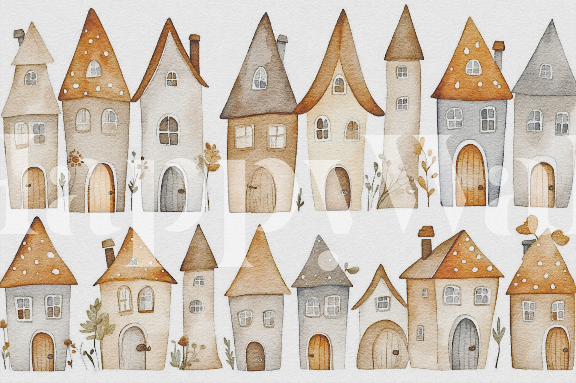 Whimsical pastel cottage houses wallpaper design