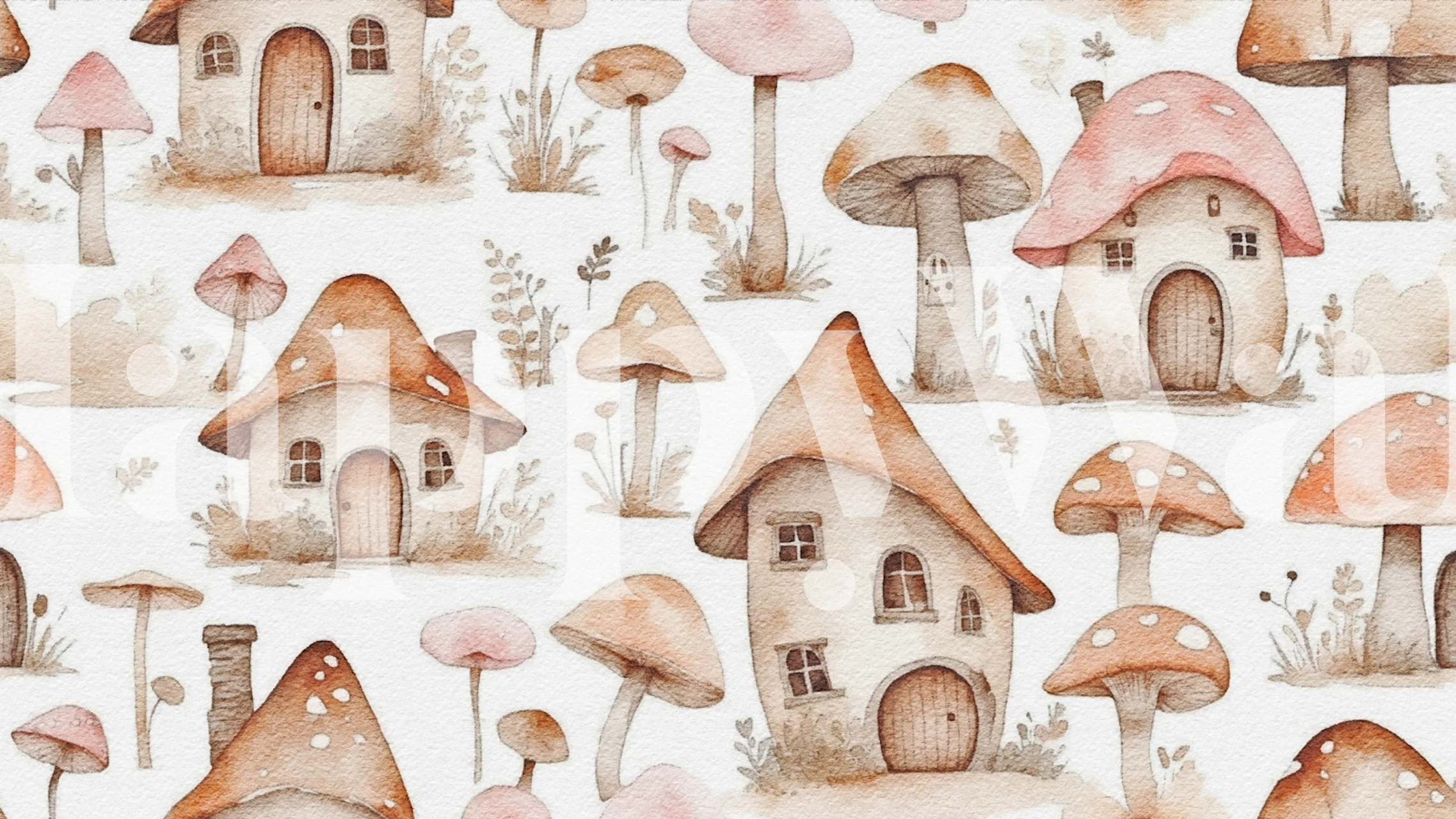 Mushroom village wallpaper featuring whimsical houses and mushrooms in soft colors