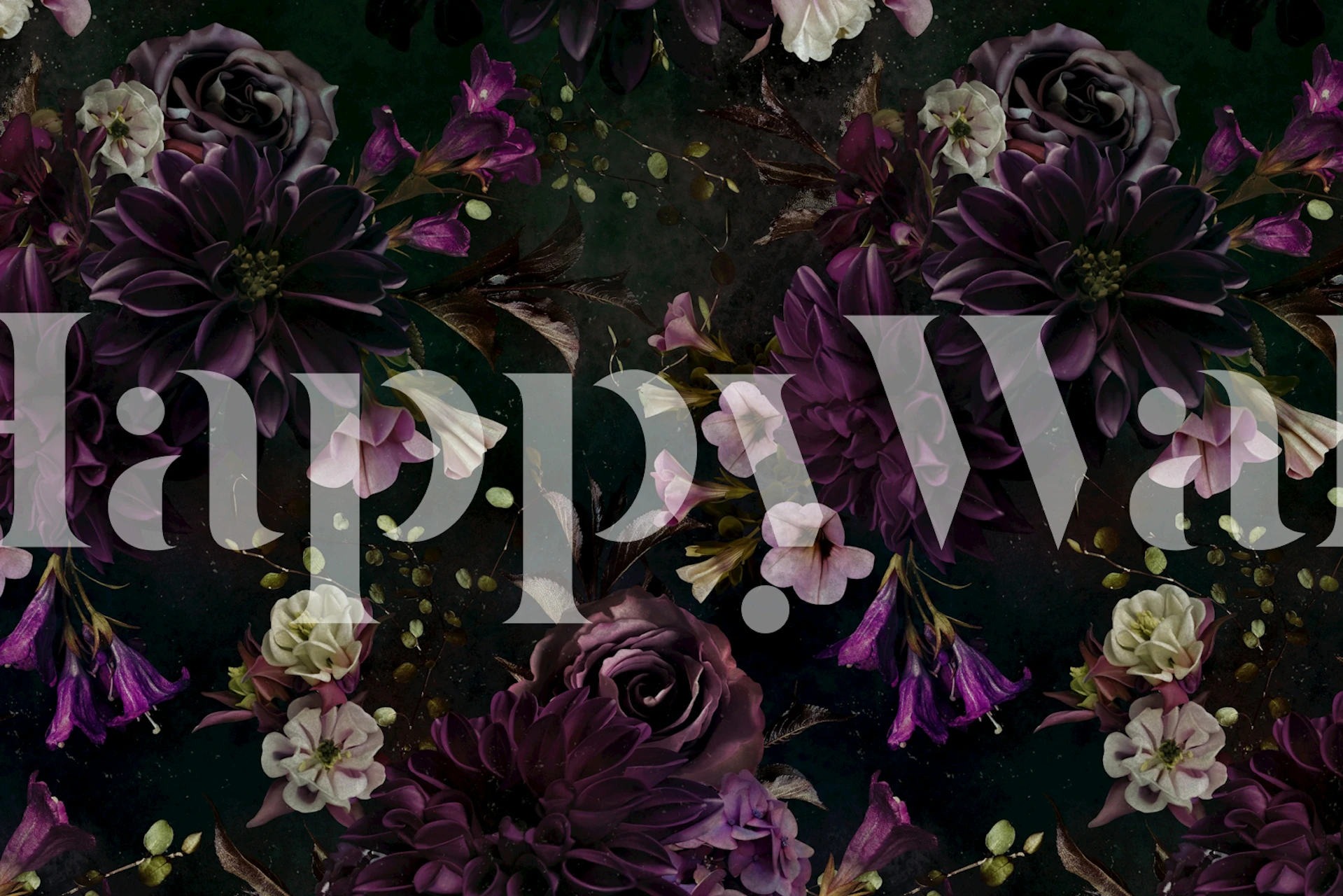 Dark floral patterns in purple and white on black background wallpaper
