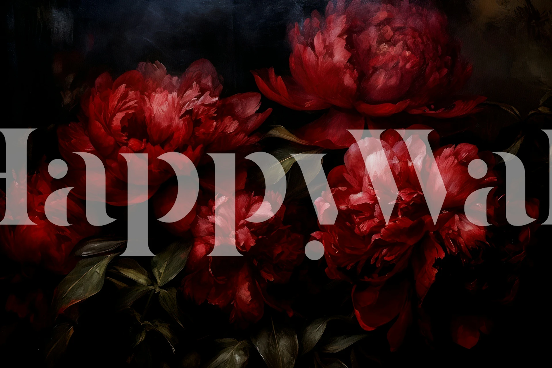 Red peony flowers with green leaves on dark background wallpaper