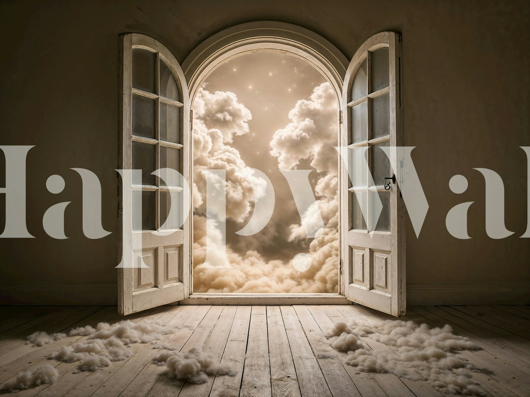 Open doors revealing cloudy sky wallpaper in neutral tones