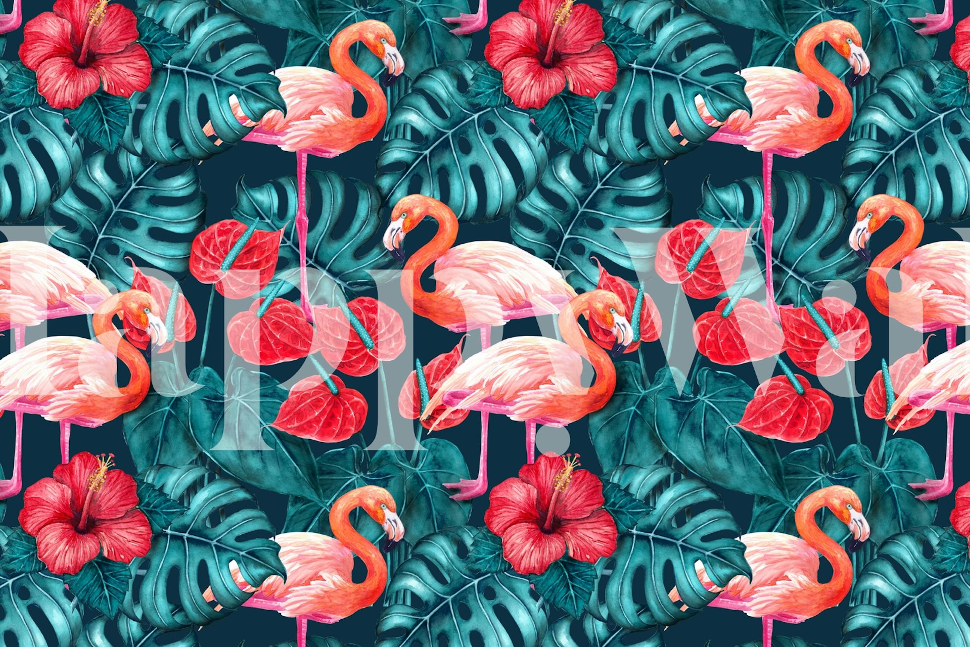 Flamingo birds wallpaper in a room