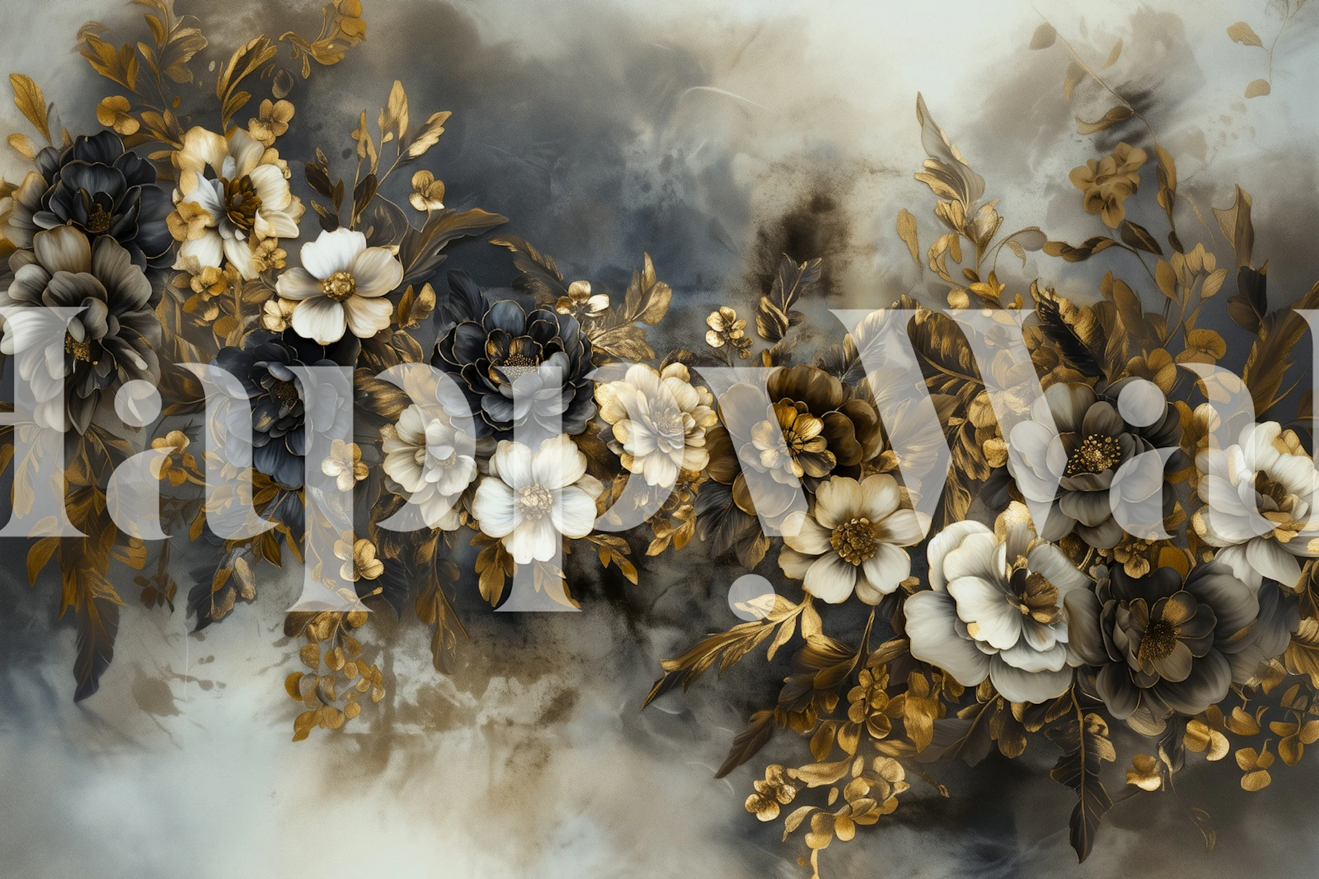 Black and gold floral wallpaper featuring elegant blooms and whimsical leaves in a stunning design