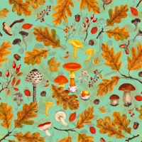 Forest mushrooms and flora on jade green tapetit