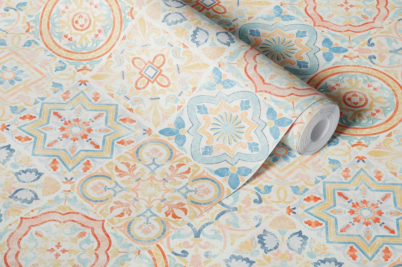 Spanish vintage tiles in fresh colors wallpaper roll