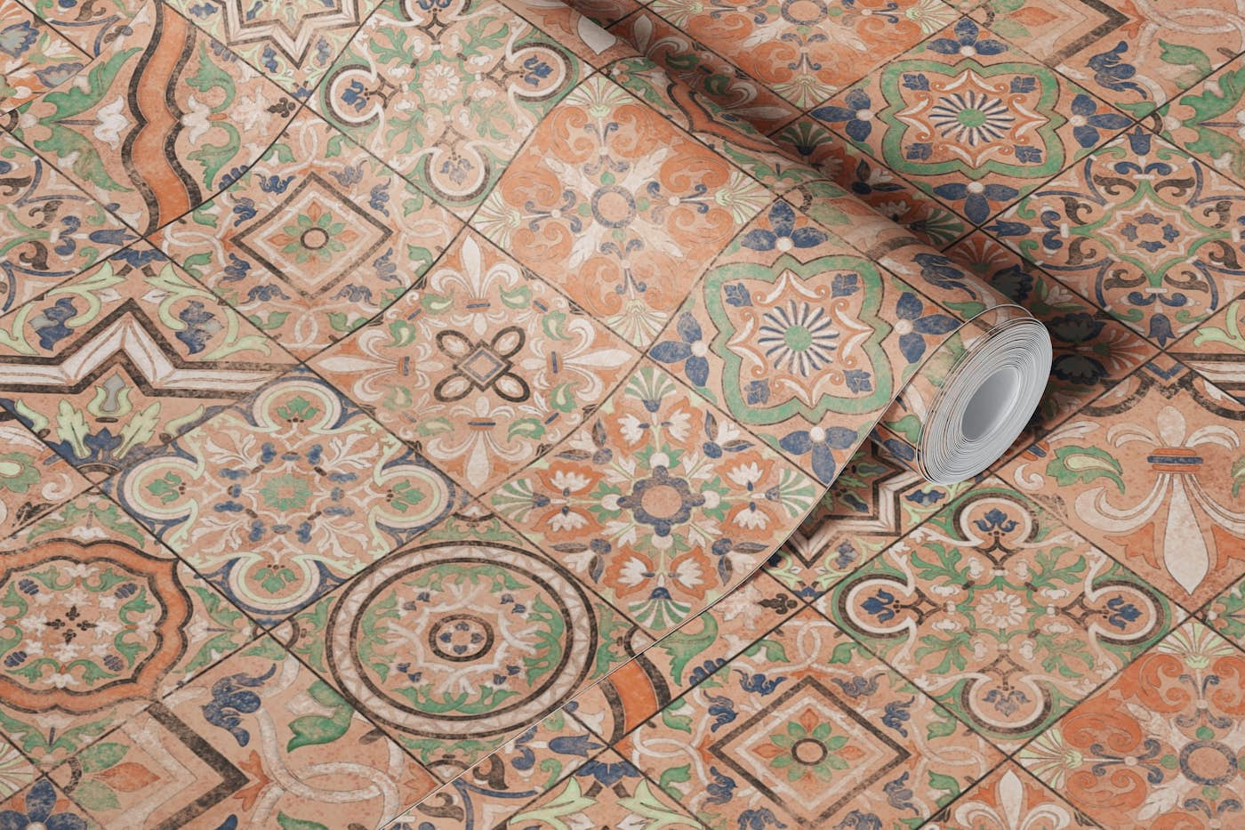 Spanish vintage tiles earth tones big wallpaper roll