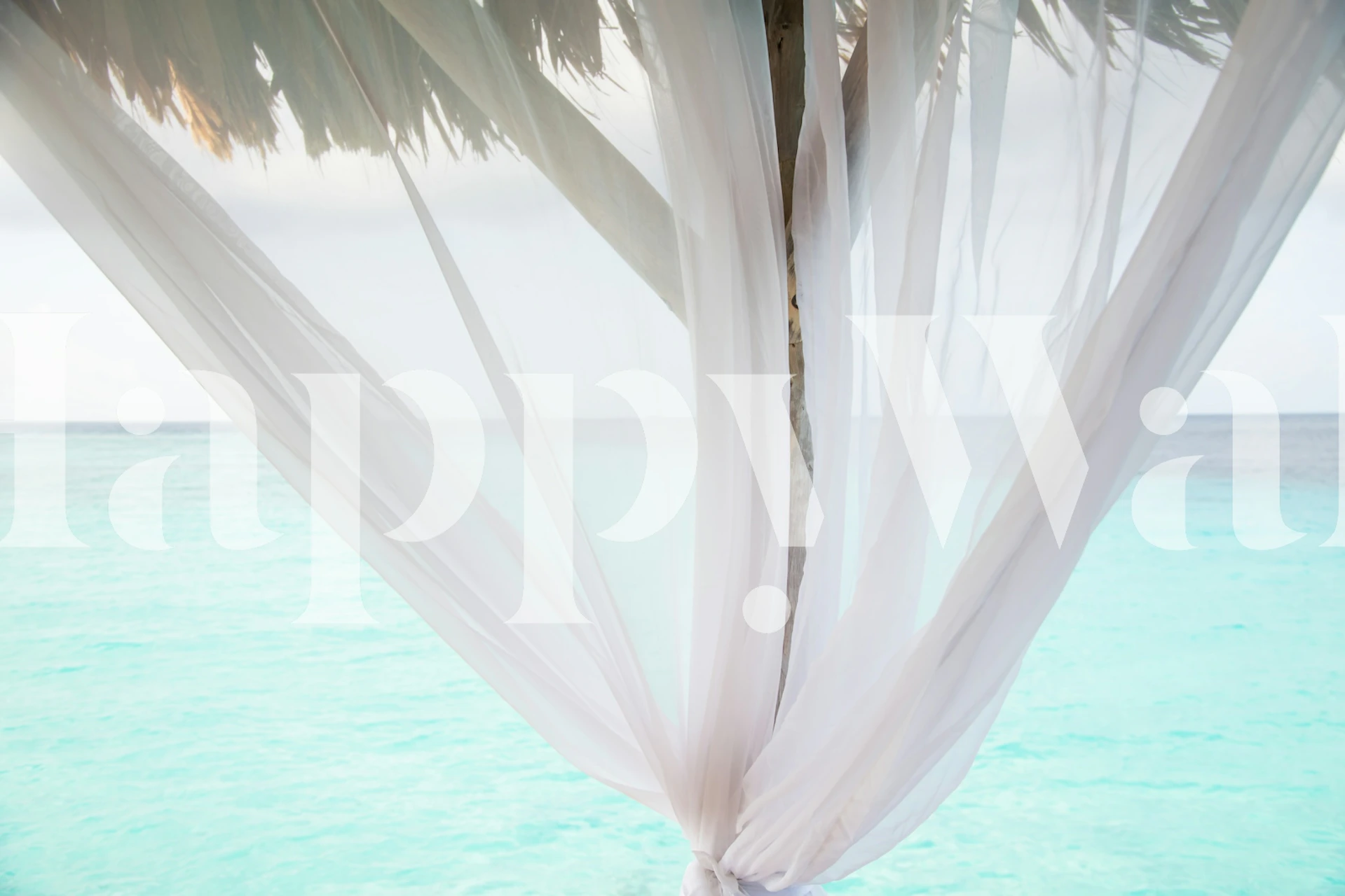 Tropical beach scene with soft pastel hues and sheer drapes wallpaper