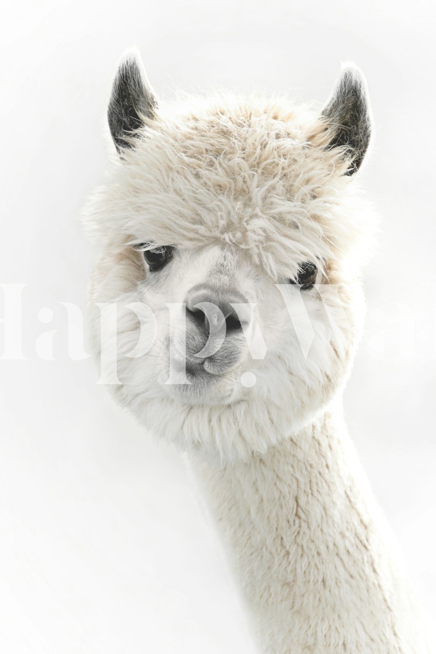 Close-up of a fluffy white alpaca on soft background wallpaper