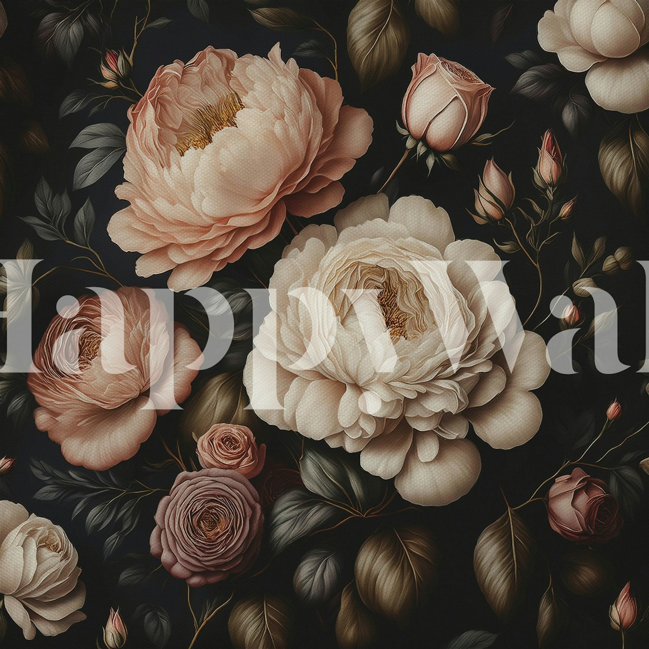 Peony and rose flowers in soft pinks and whites on a dark background wallpaper