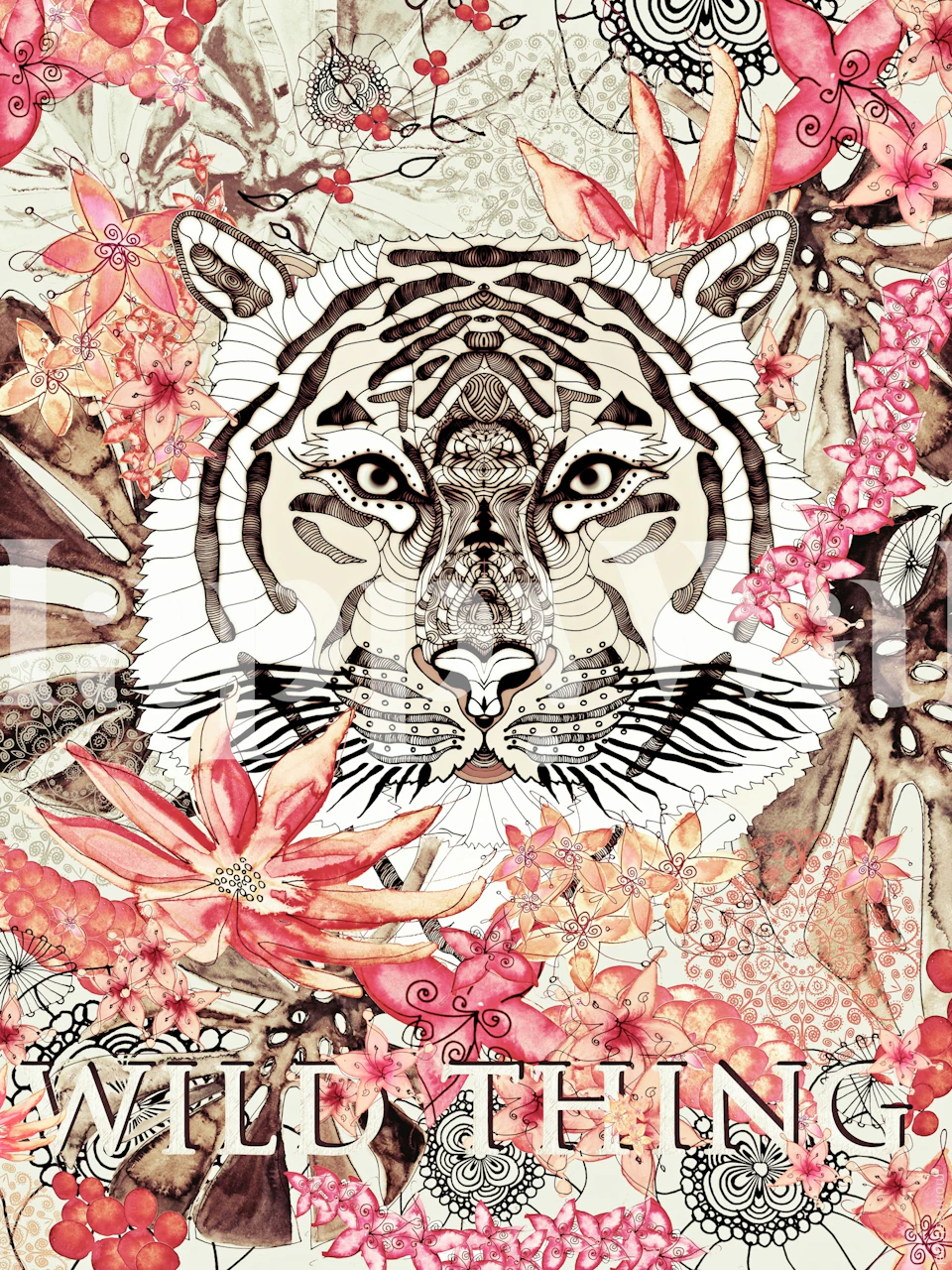 Tiger surrounded by pink flowers and intricate patterns wallpaper