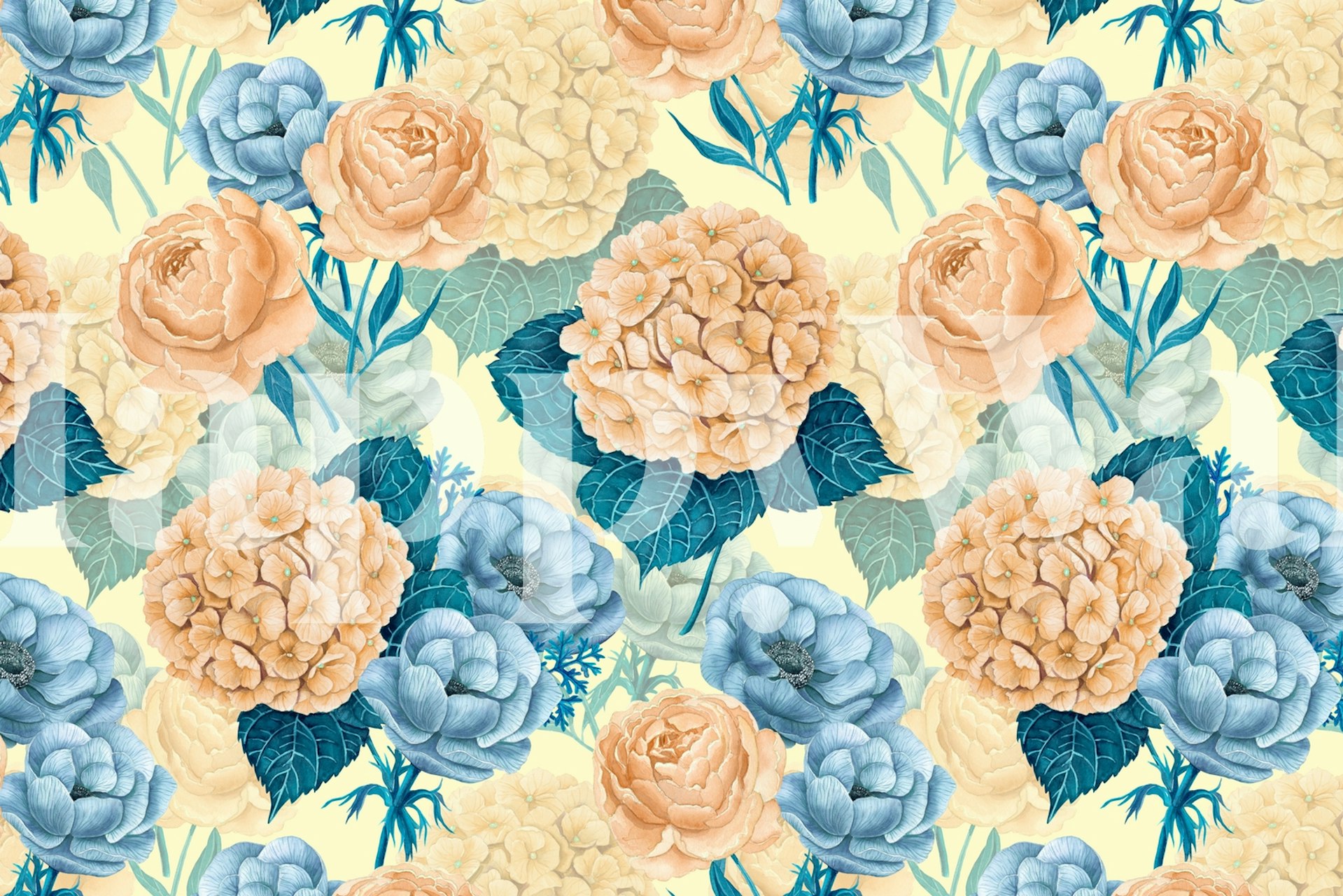 Watercolor-style wall mural with pastel blue and beige floral design