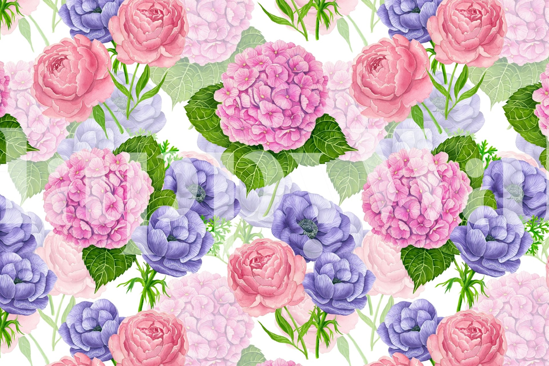 Pink and purple floral wallpaper featuring hydrangeas and peonies in a watercolor style
