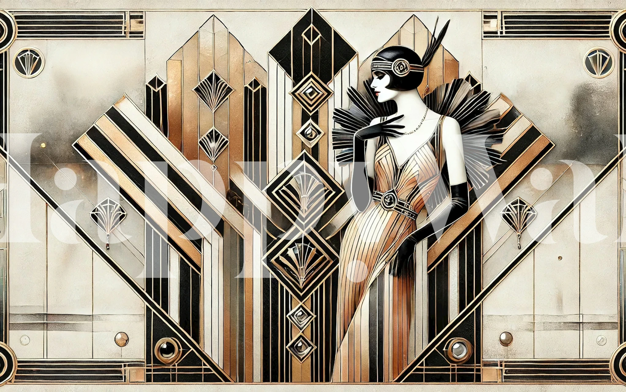 Gold and black art deco design featuring geometric patterns and a glamorous figure wallpaper