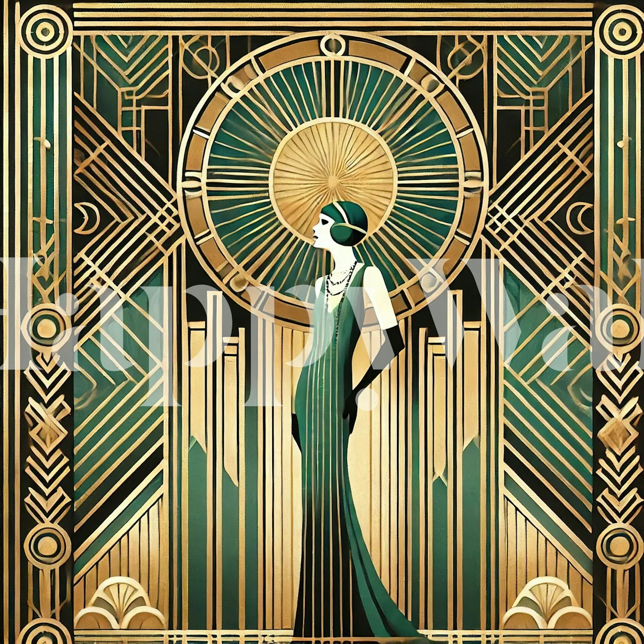 Art Deco wallpaper featuring a woman in green, gold geometric patterns