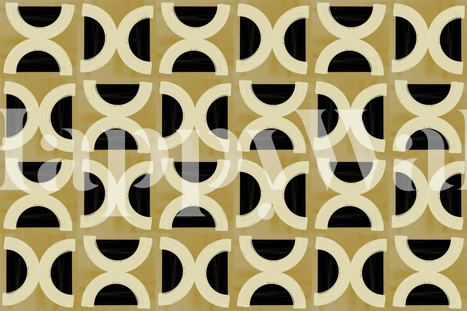 Geometric black and gold wallpaper with curved arcs in a repeating pattern.