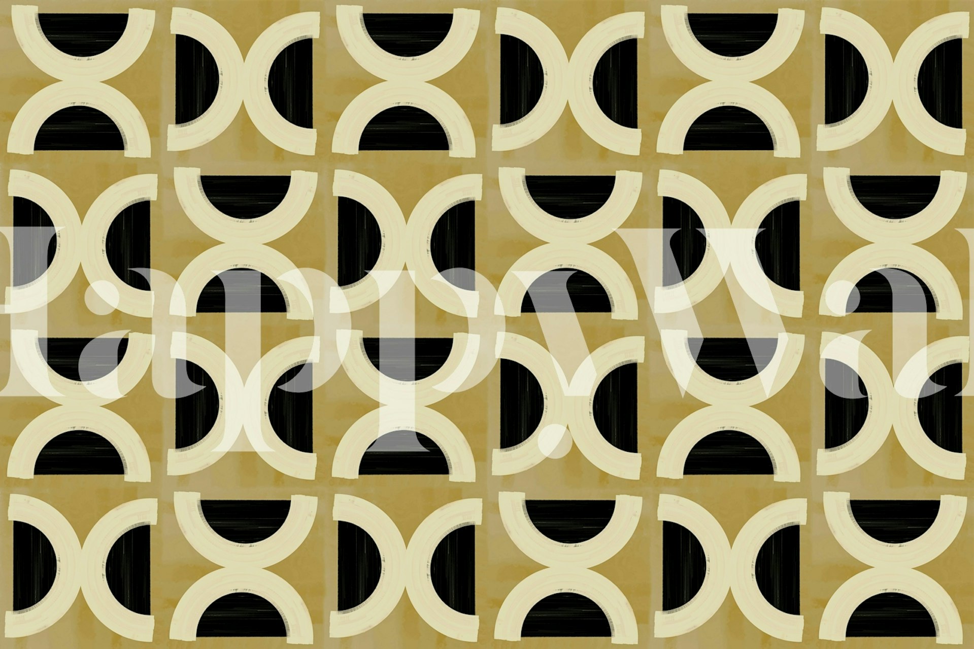Geometric black and gold wallpaper with curved arcs in a repeating pattern.