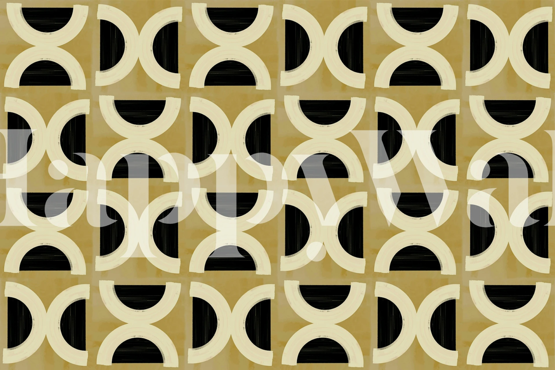 Geometric black and gold wallpaper with curved arcs in a repeating pattern.