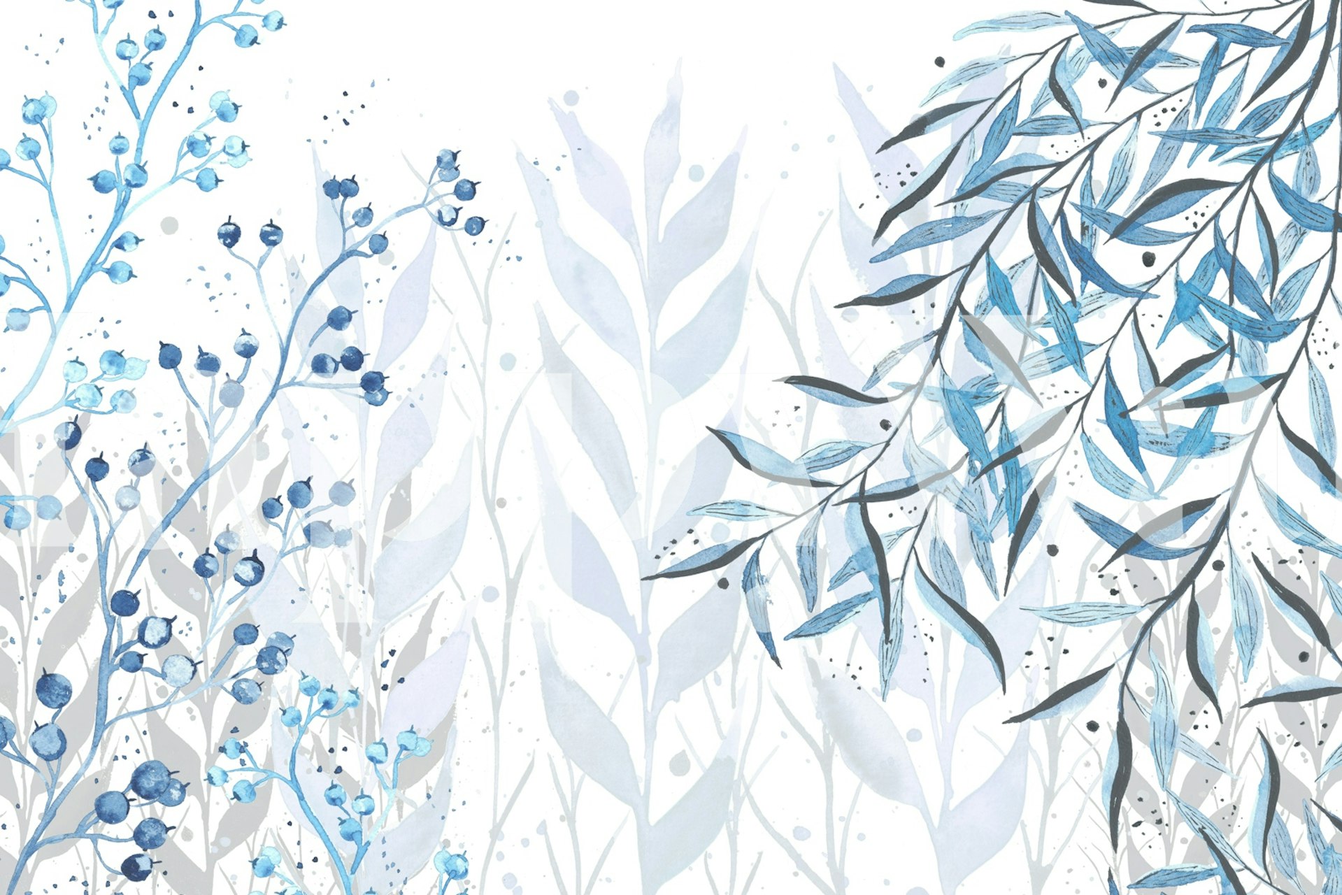 Modrá botanická nástěnná tapeta v pokoji