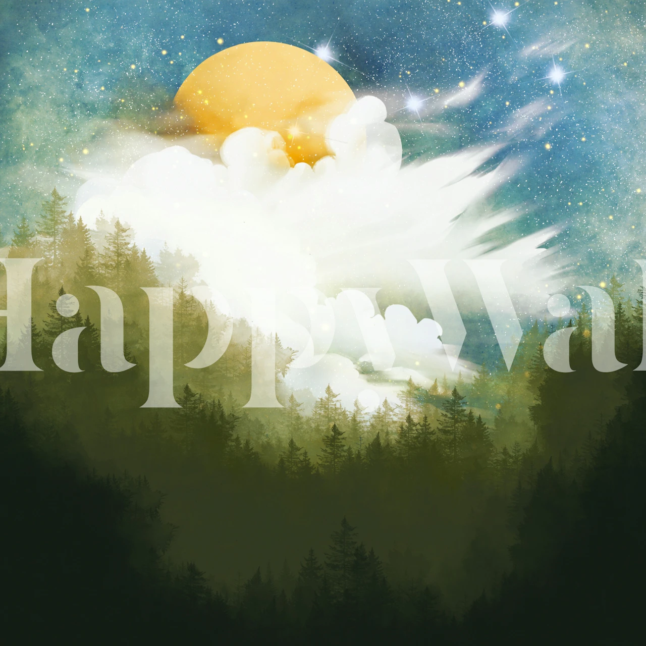 Celestial forest mural with green trees and bright sun wallpaper