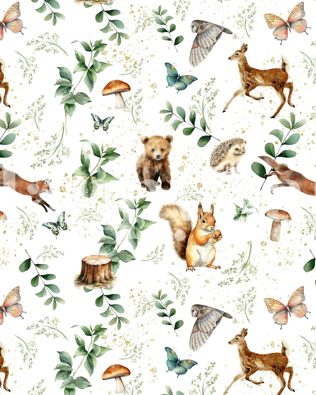 Cute woodland animals, butterflies, and foliage on white wallpaper
