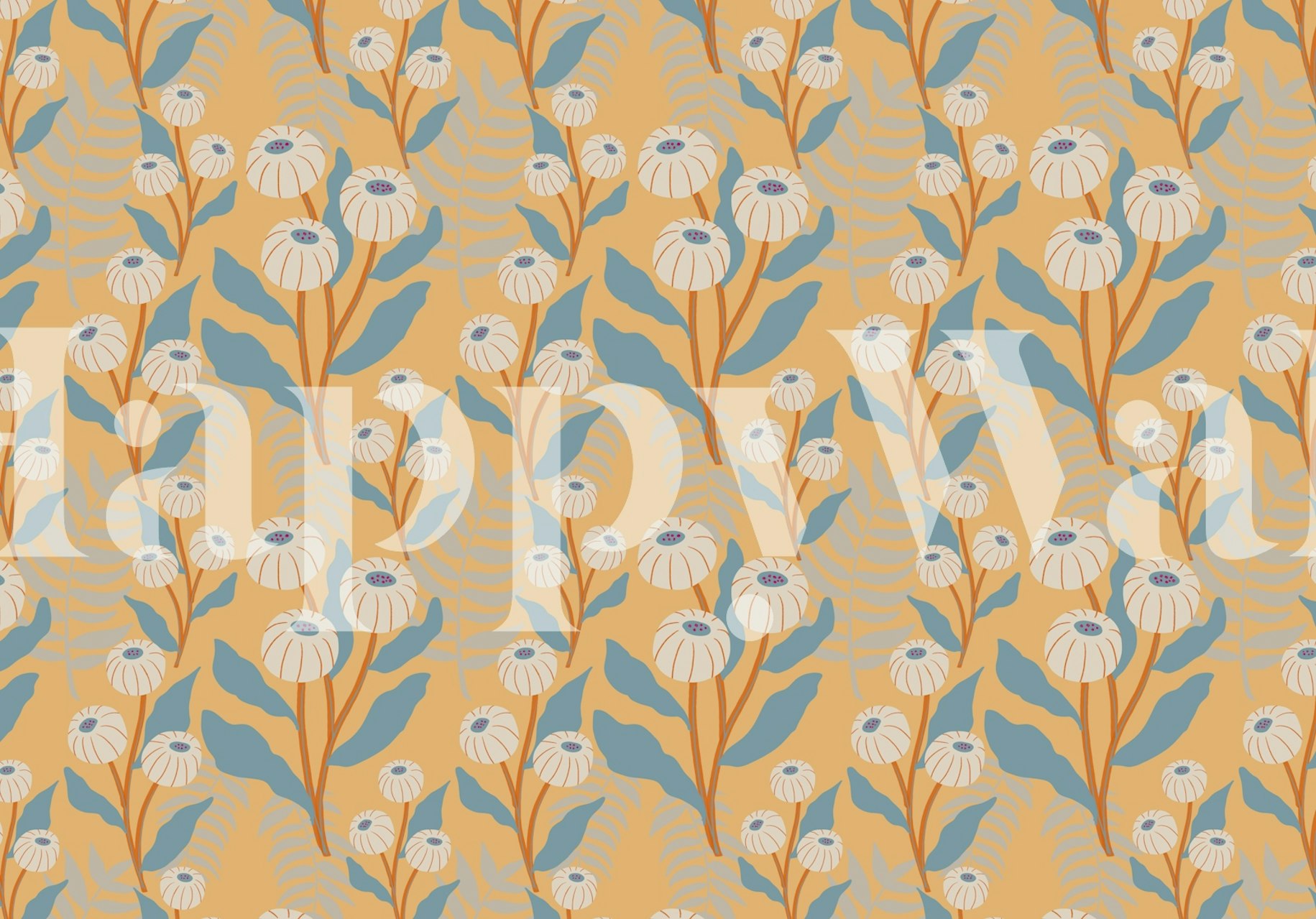 Tropical floral pattern in beige, blue, and white on wallpaper