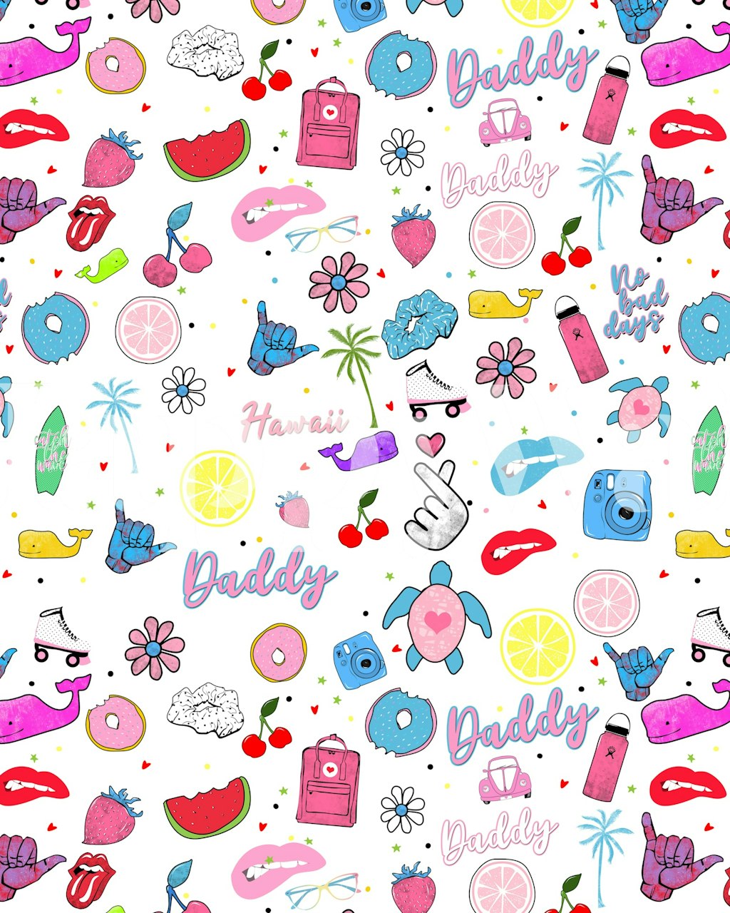 Colorful doodles including hearts, cherries, and surfboards on a white background wallpaper