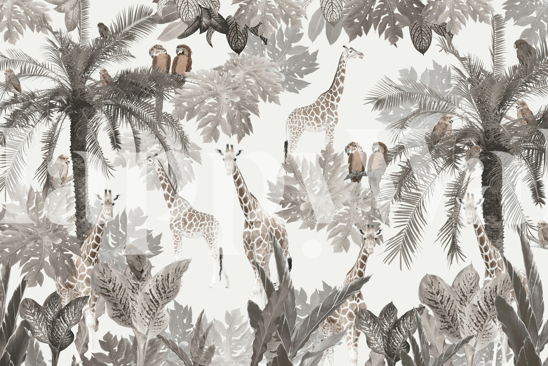 Tropical safari wallpaper with giraffes, palm leaves, and exotic birds in neutral tones