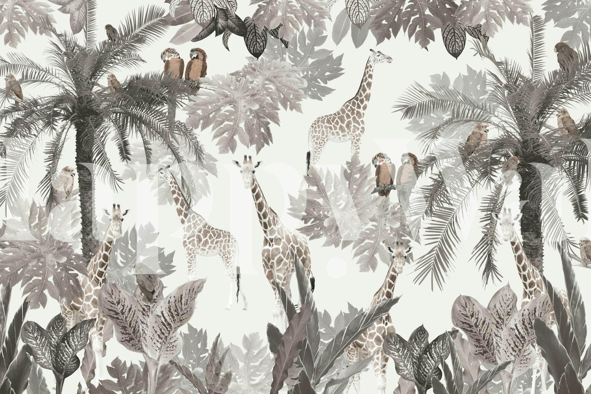Tropical safari wallpaper with giraffes, palm leaves, and exotic birds in neutral tones