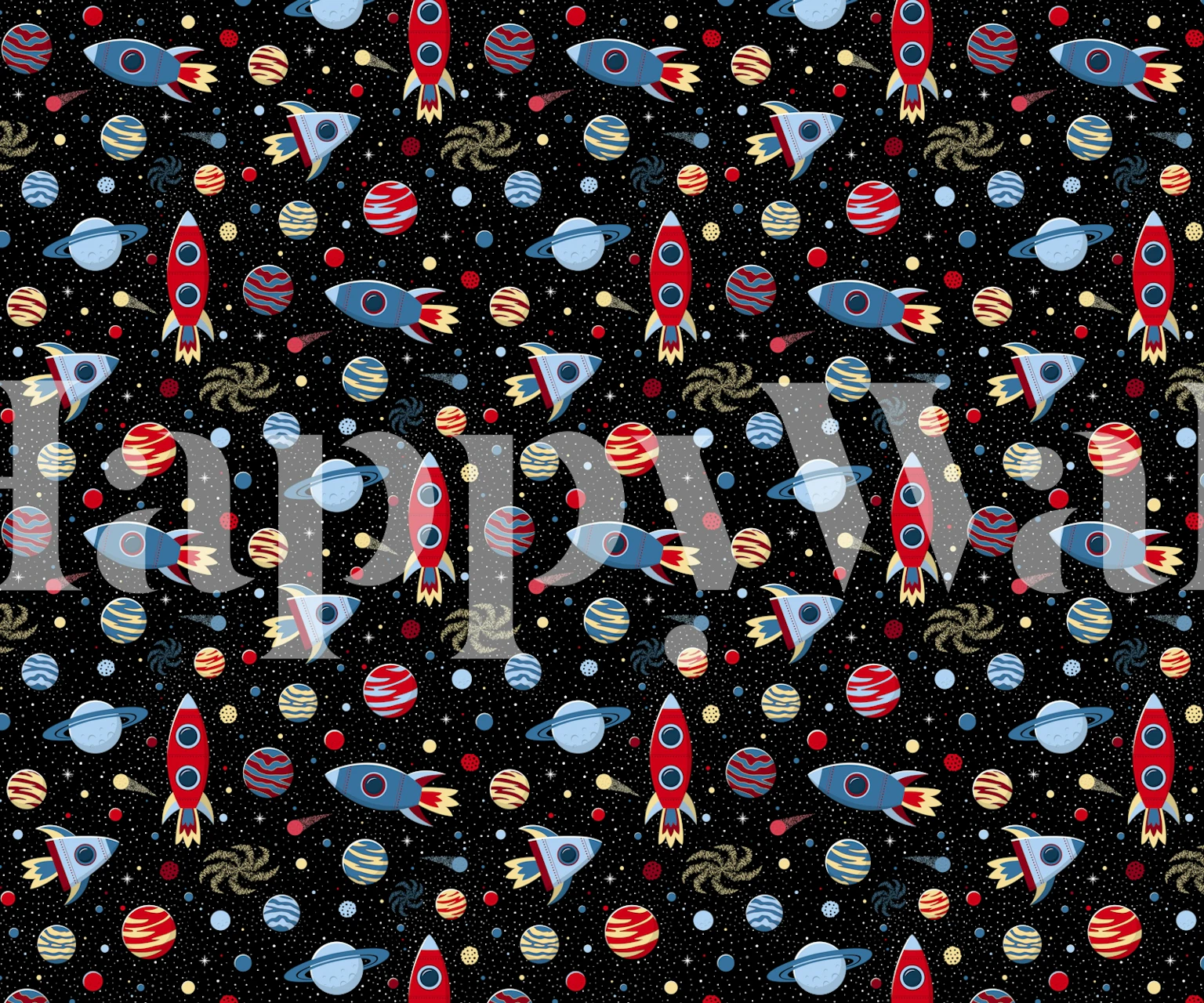 Colorful rockets, planets, and stars on a black background wallpaper